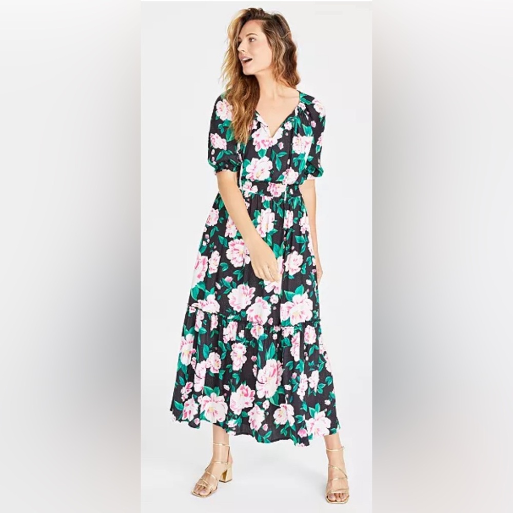 ON 34TH  Womens Floral Print Elbow-Sleeve Tiered Maxi Dress